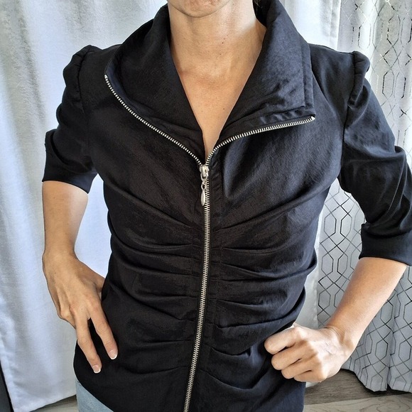 1. Joseph Ribkoff Fitted Shiny Black Zip-Up Top With Ruffles & Silver Hardware - Picture 9 of 9